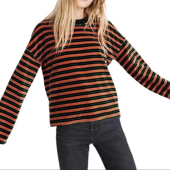 Madewell Multicolor Striped Velour Wide Sleeve Boxy Pullover Sweater Size Small - Picture 1 of 6